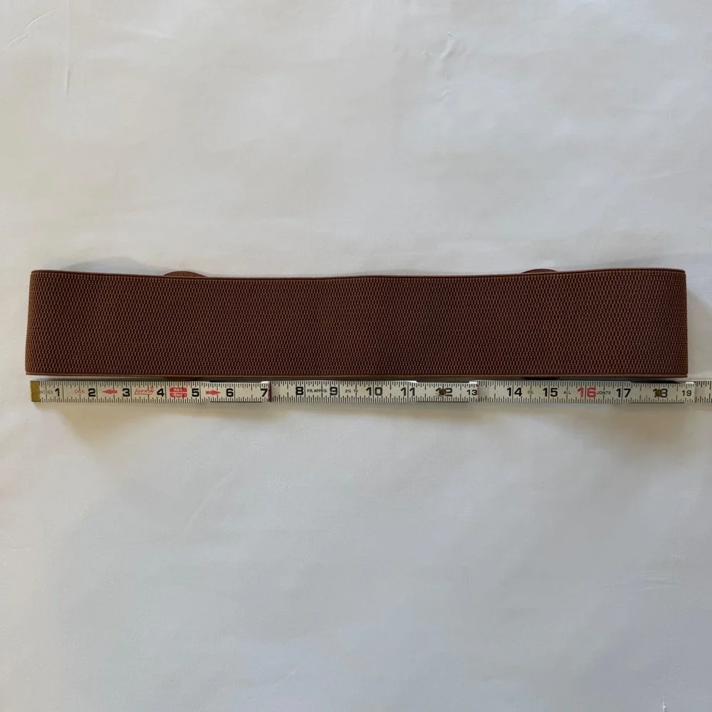 Brown Elastic Cinch Belt‎ Gold Interlocking Buckle Faux Croc Wide 1X